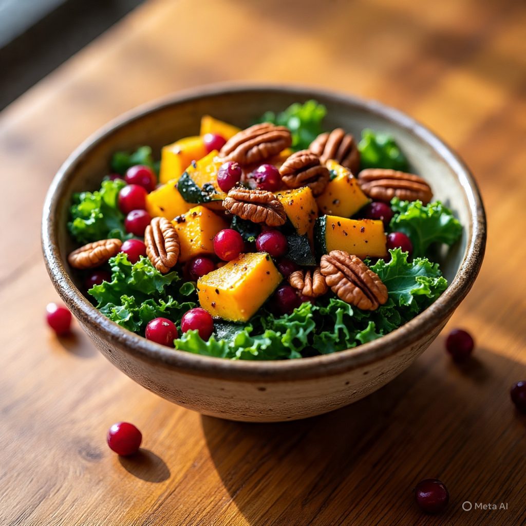Fall salad with kale, cranberries, pecans, and roasted squash.