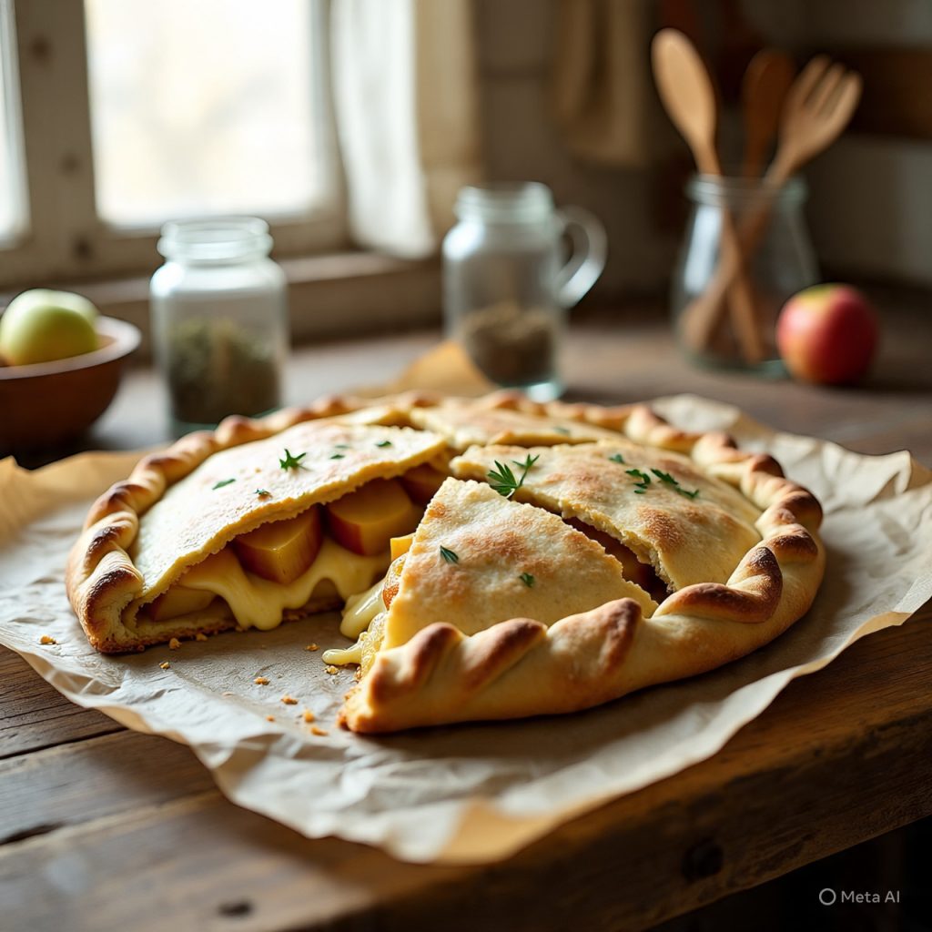 Rustic apple and cheddar galette with golden flaky crust.