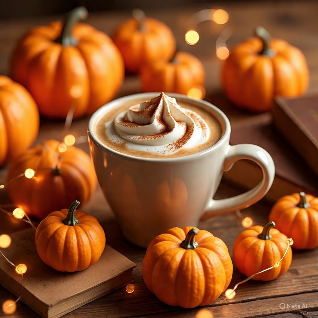 Homemade pumpkin spice latte topped with whipped cream and cinnamon.