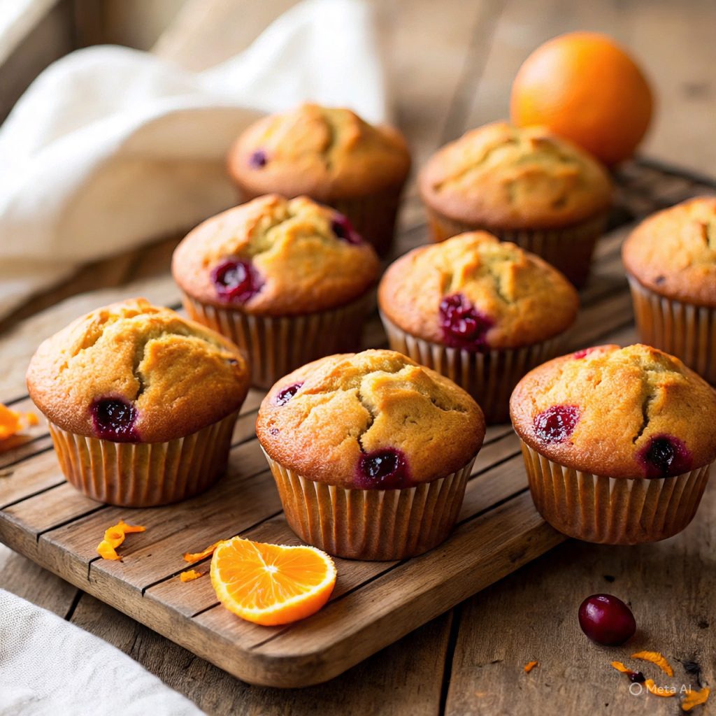 Fresh cranberry orange muffins cooling on a rack with zest garnish.