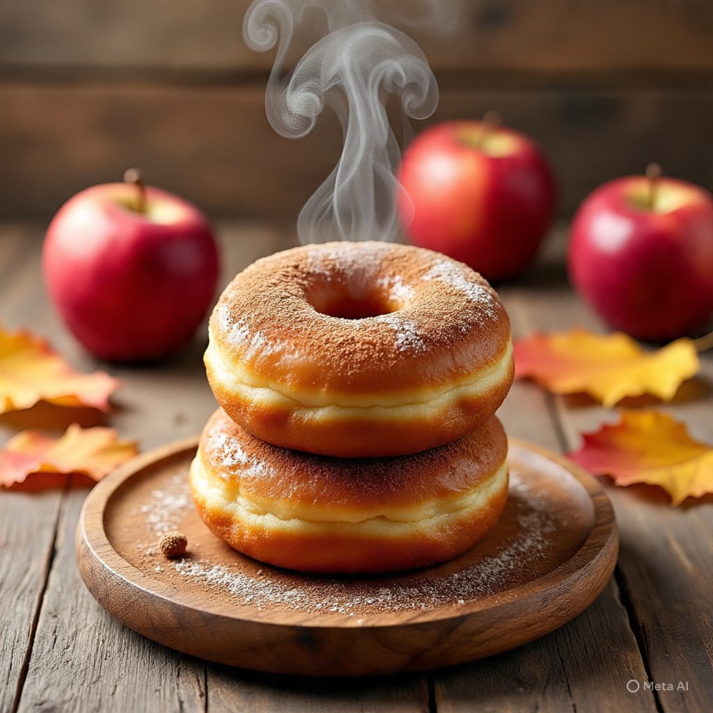 Cinnamon-sugar apple cider donuts stacked on a rustic plate.