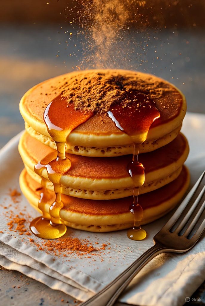 Fluffy pumpkin pancakes stacked with maple syrup and cinnamon dust.