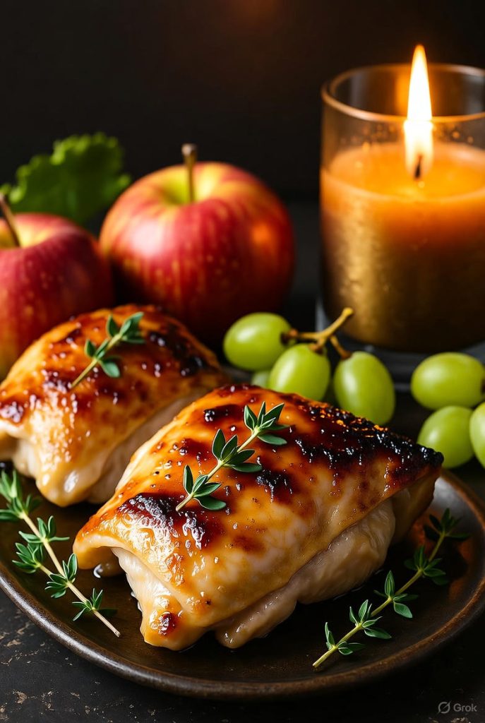 Roasted chicken thighs glazed with apple cider and herbs on a rustic plate.