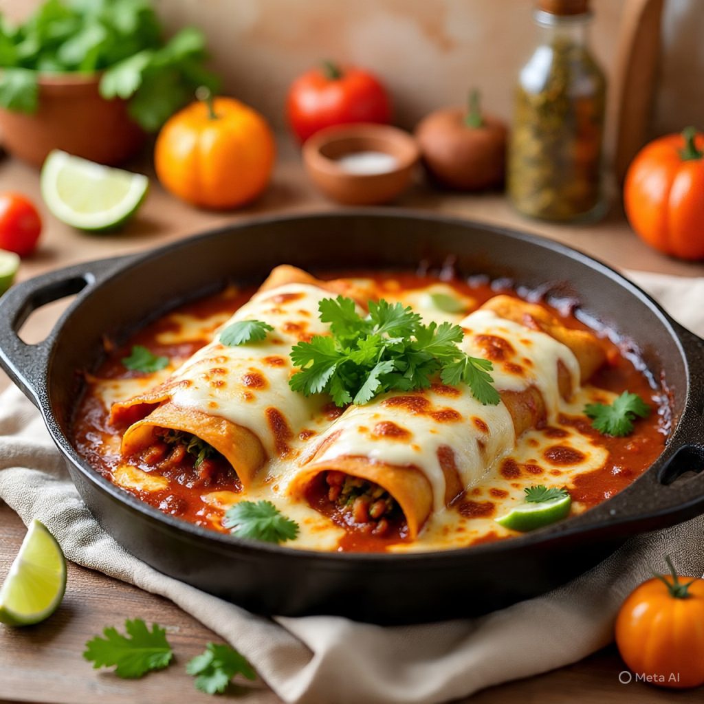 Baked enchiladas filled with sweet potato and black beans topped with cheese.