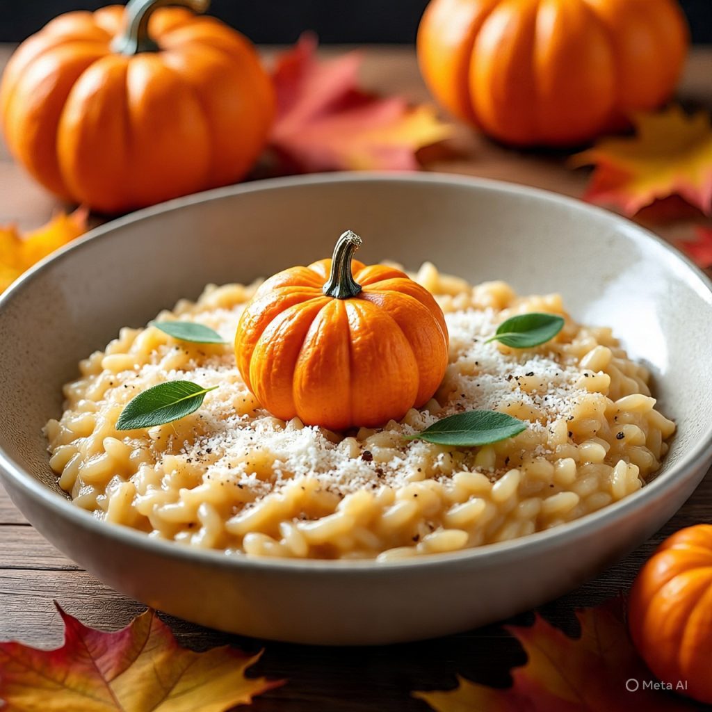 Creamy pumpkin risotto garnished with Parmesan and sage leaves.