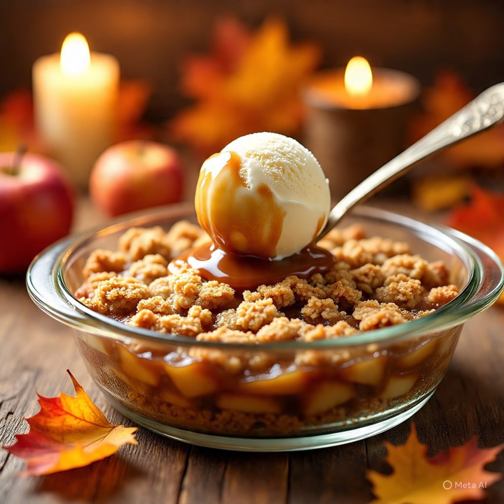 Warm caramel apple crisp with oat topping and melting ice cream scoop.
