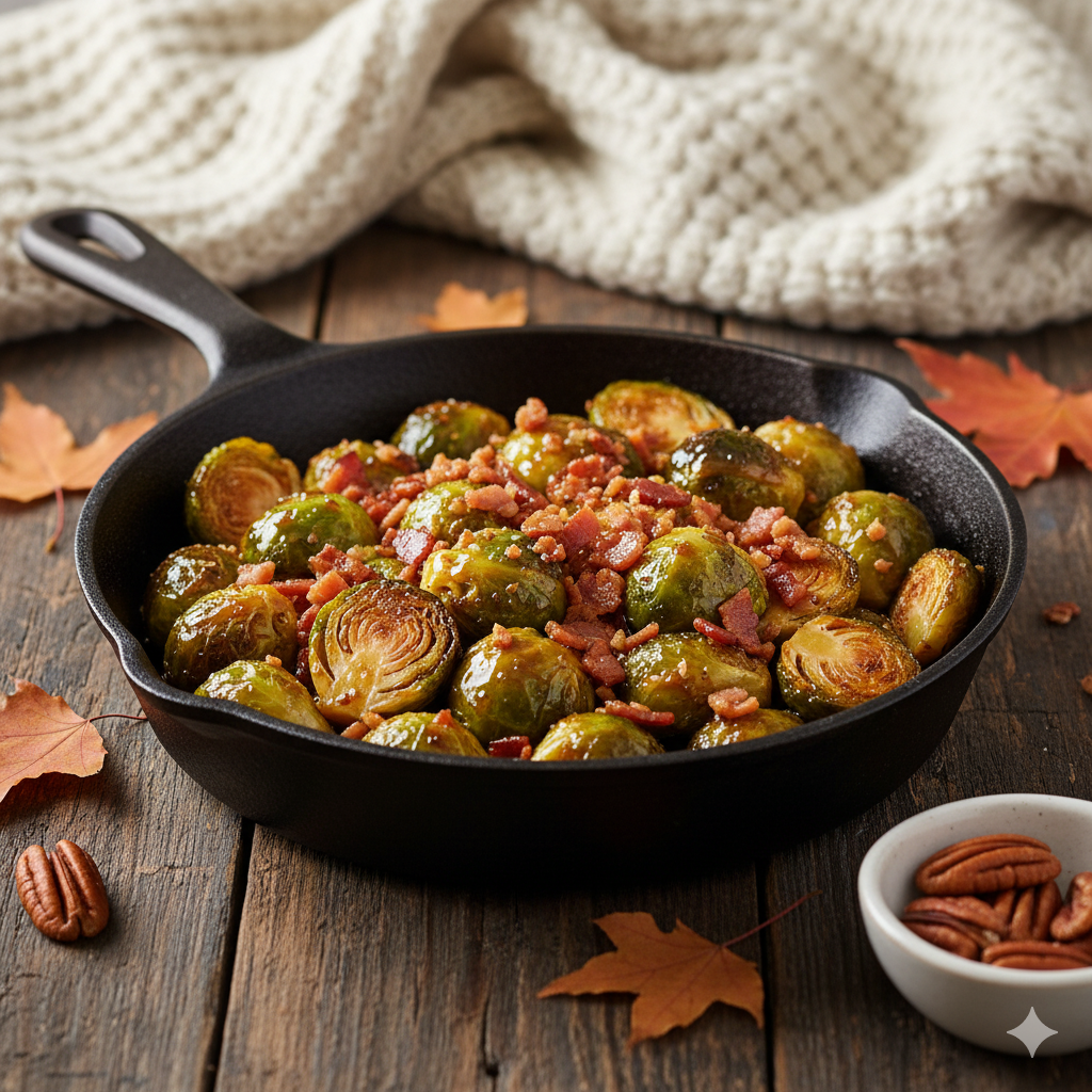 Crispy roasted Brussels sprouts drizzled with maple syrup and bacon bits.