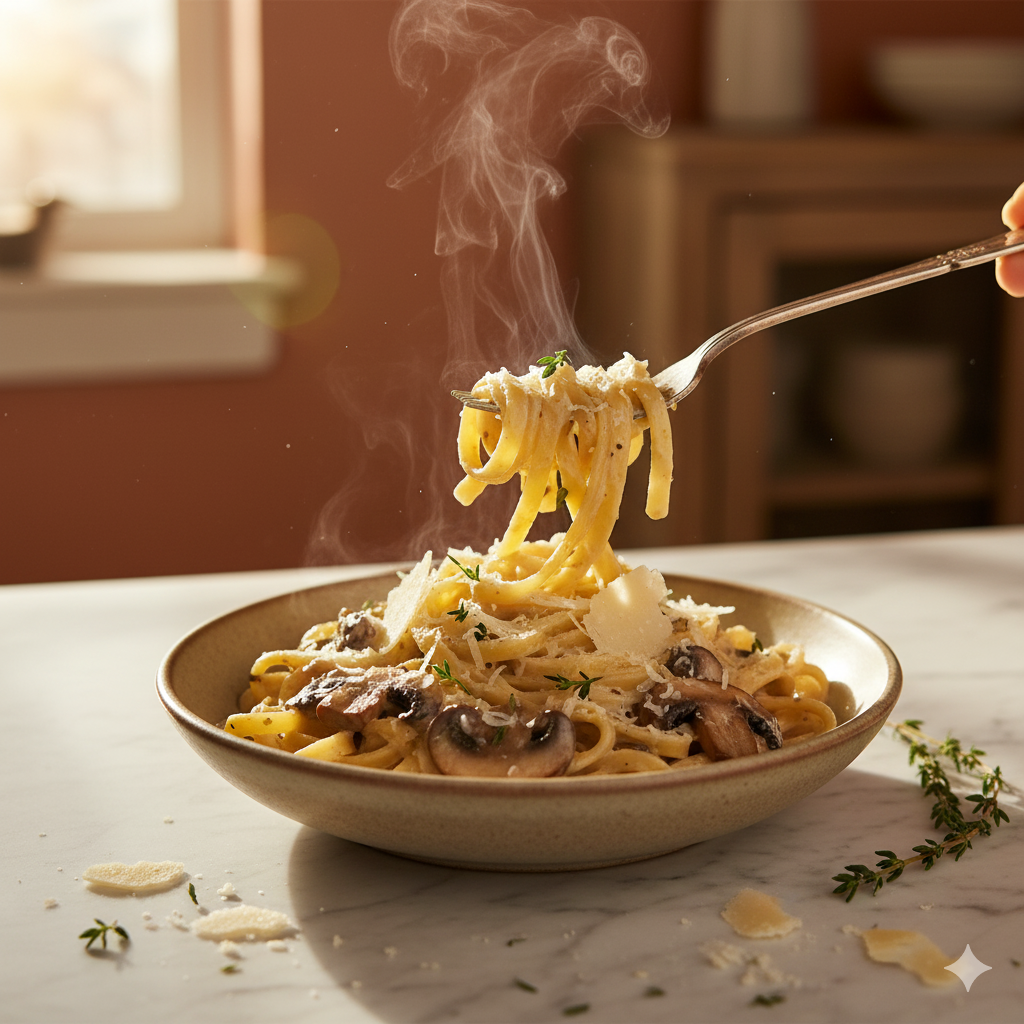 Bowl of creamy mushroom pasta with thyme and Parmesan shavings.