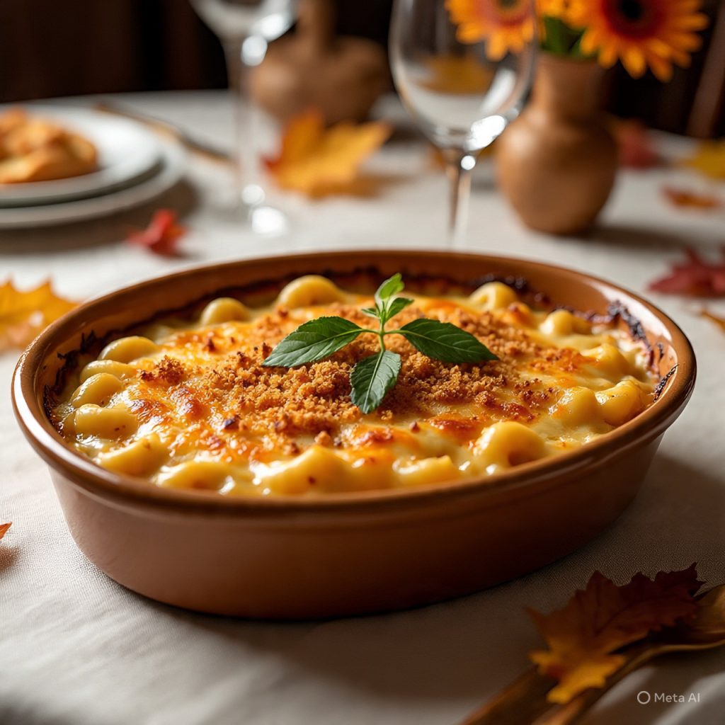 Golden butternut squash mac and cheese baked with breadcrumbs.
