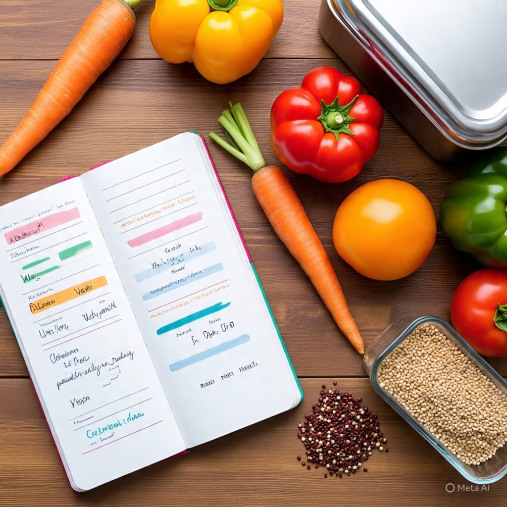 Healthy Lifestyle meal planner with fresh food ingredients on a kitchen table.