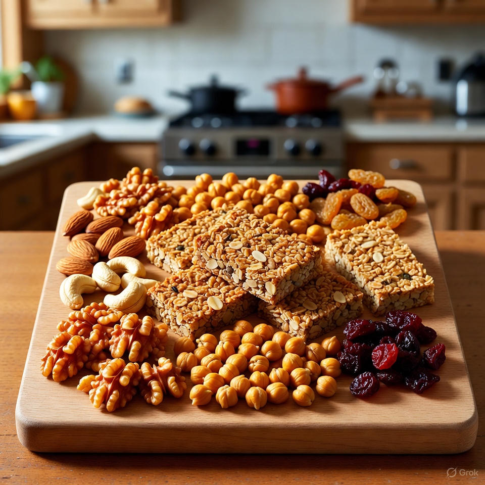 Healthy homemade snacks arranged on wooden board.