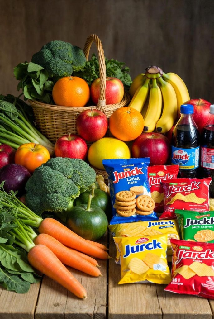 Healthy whole foods beside processed packaged snacks.