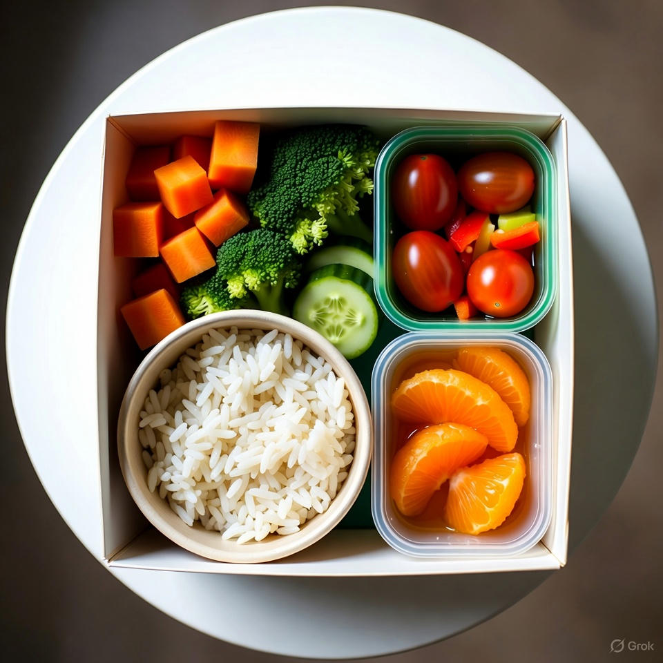Healthy homemade lunchbox with rice and vegetables.
