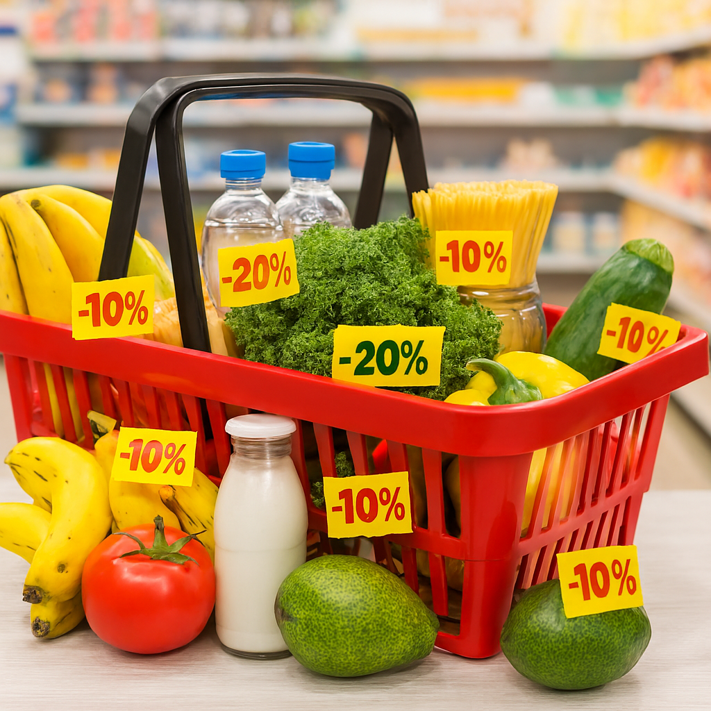 Healthy grocery basket with discount labels.