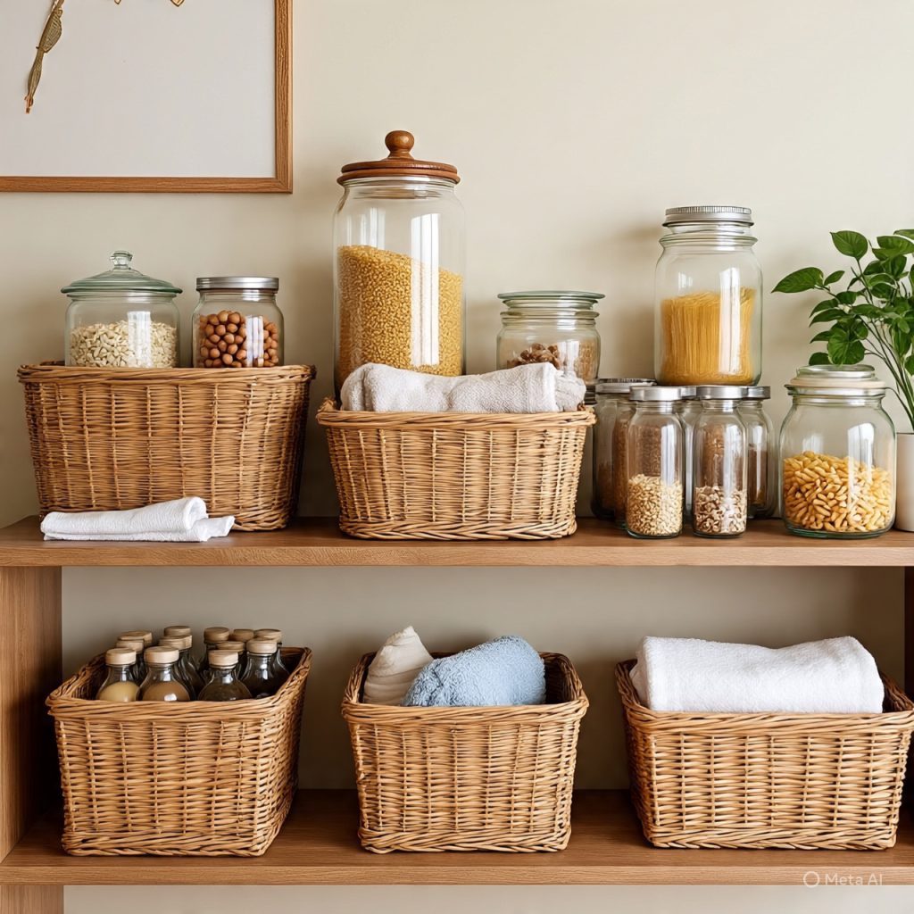 Upcycled storage containers for sustainable living.