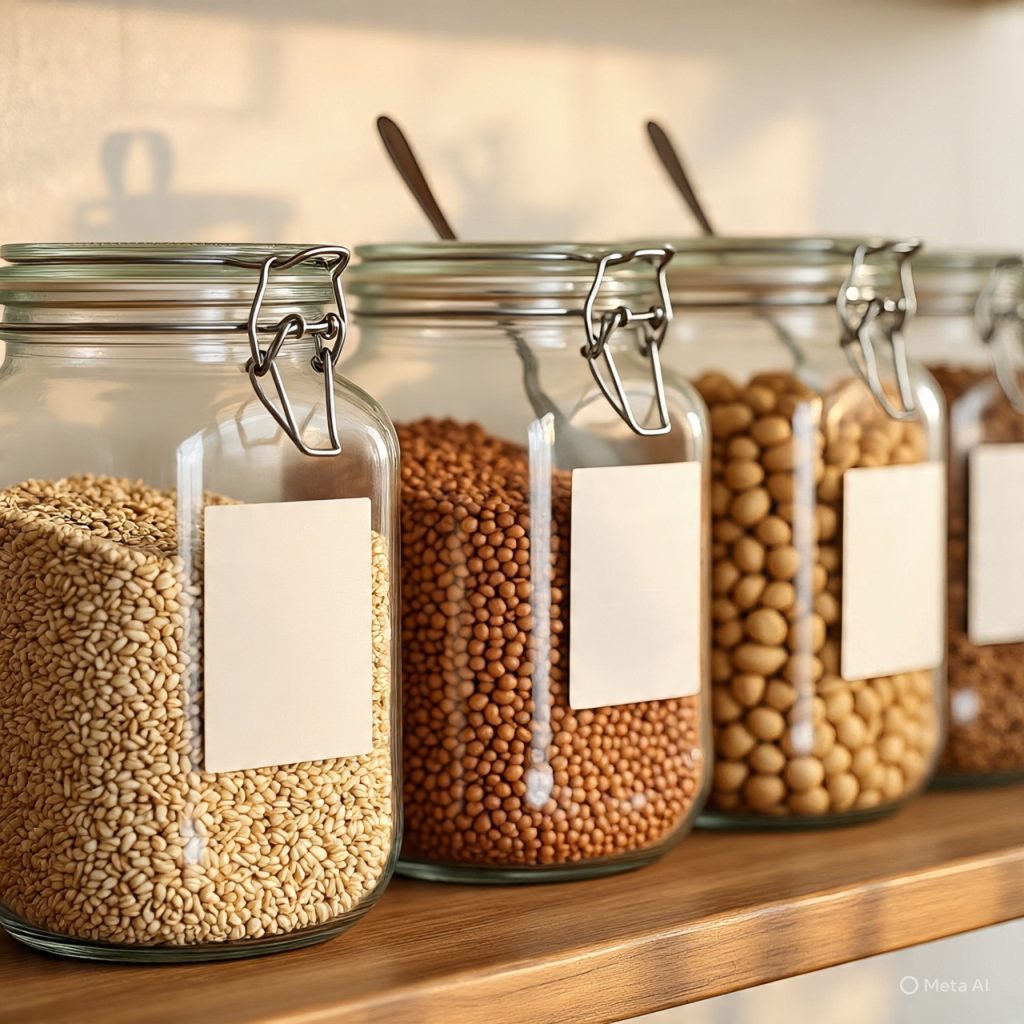 Bulk storage jars with healthy grains and nuts.