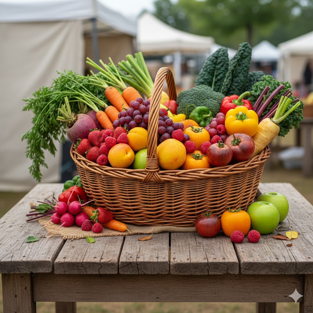 Basket of fresh local and seasonal produce.