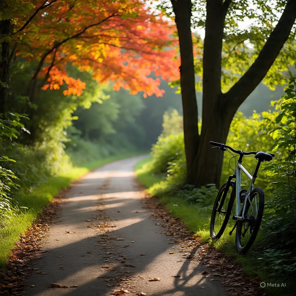 Bicycle on quiet nature trail under morning light.