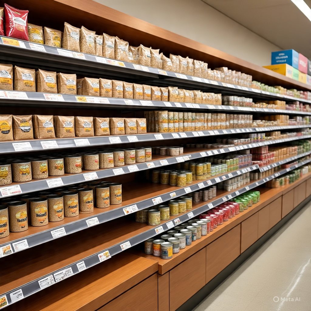 Store-brand healthy food products on supermarket shelf.