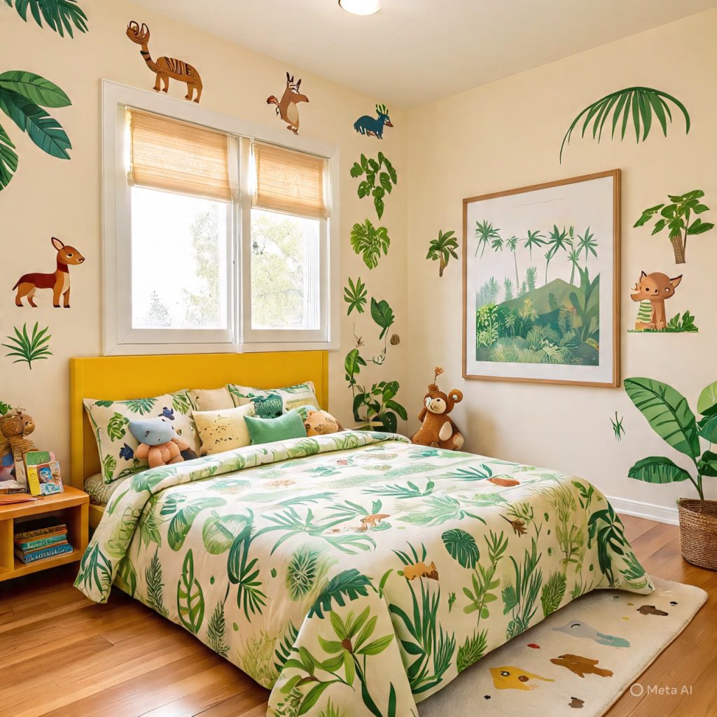 Children's room interesting design with colorful wall décor, playful furniture, and bright decorations
