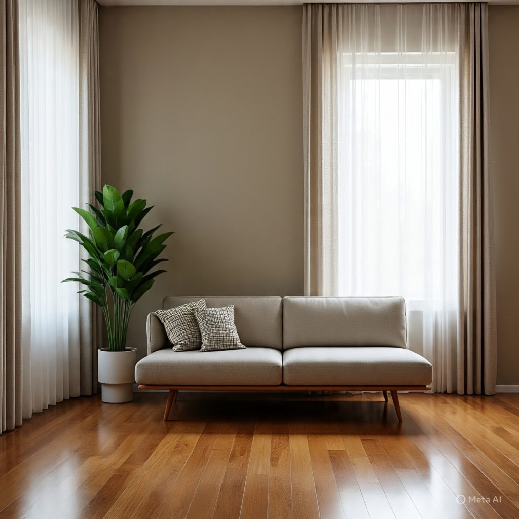Peaceful minimalist living room with natural light and simple décor.
