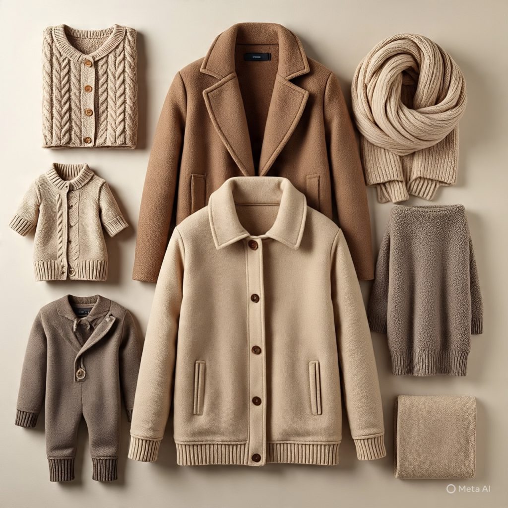 Stitched winter clothing flatlay including coats, sweaters, fleece sets, and scarves.