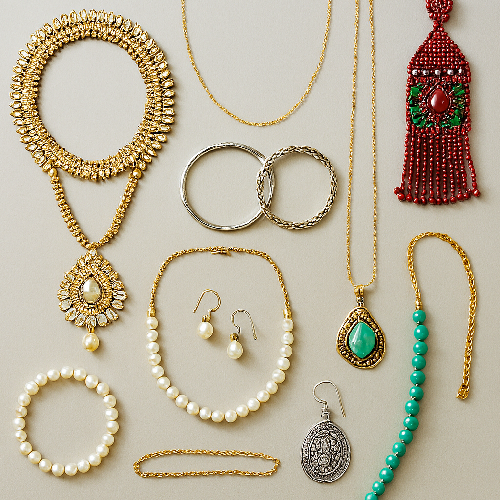 Assorted global jewelry pieces representing worldwide adornment traditions.