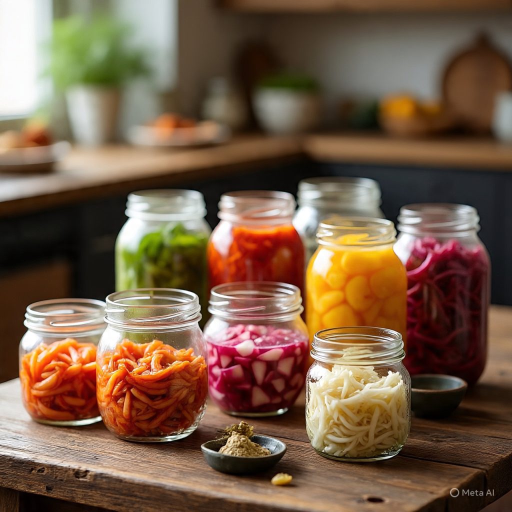 Variety of colorful fermented foods symbolizing the fermentation trend.