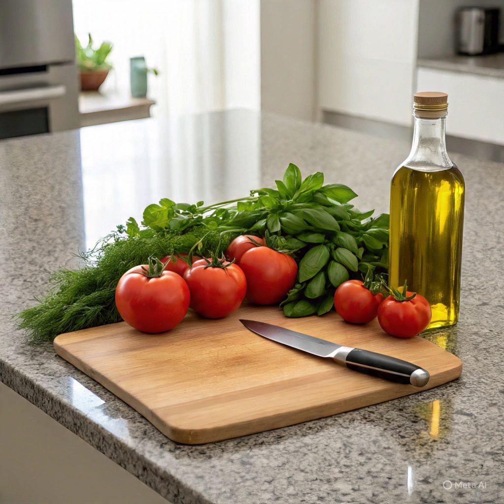 Fresh ingredients on a kitchen counter symbolizing simple home cooking recipes with vegetables, herbs, and spices.