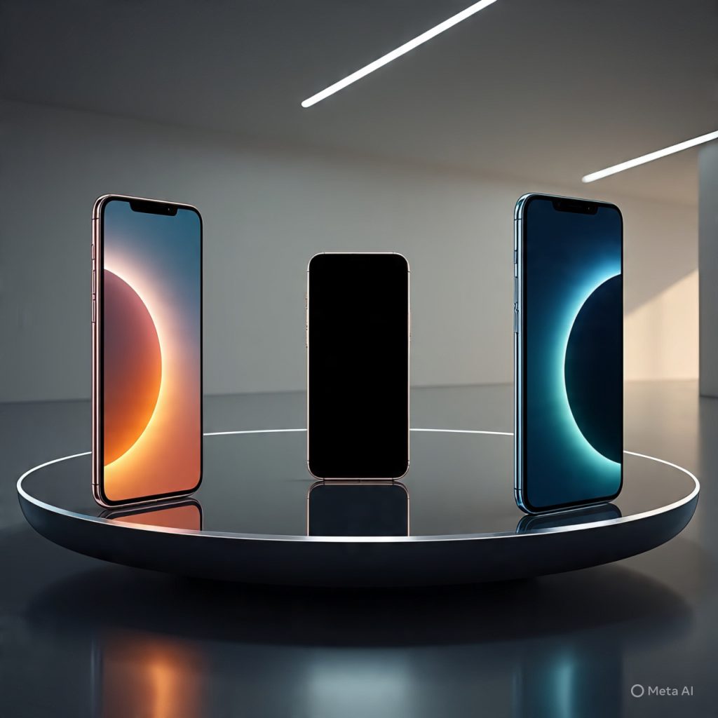 Assortment of modern smartphones under futuristic lighting. 