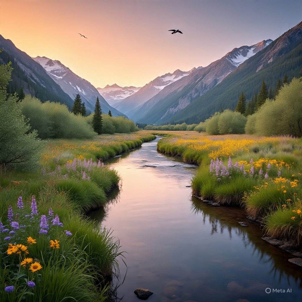 Beautiful sunrise over a peaceful mountain valley representing a smart and meaningful traveling guide