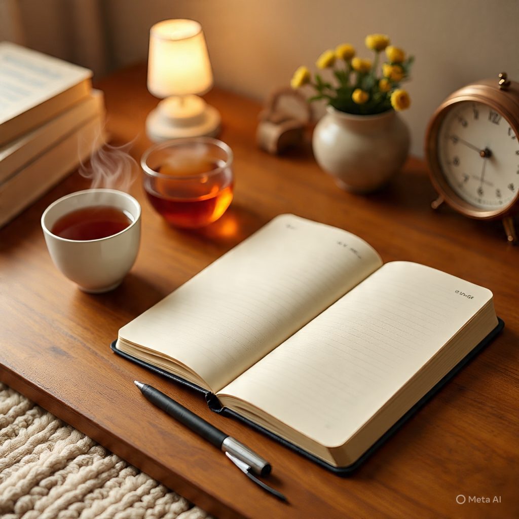 Mental wellness journaling with cozy notebook and pen in soft light