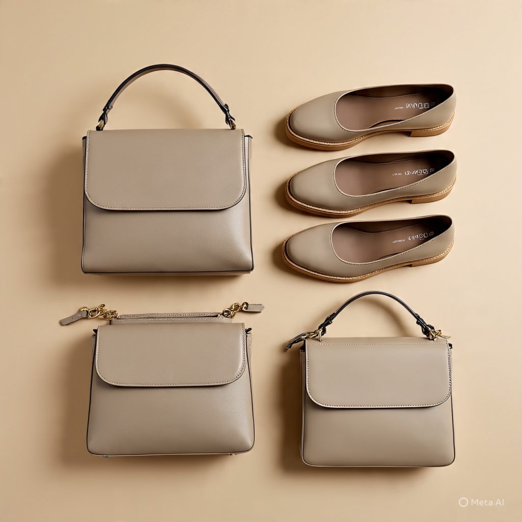 Neutral shoes and matching handbags arranged flat lay.