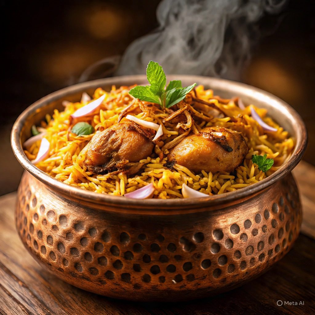 Chicken biryani recipes served in a copper pot with saffron rice, tender chicken, fried onions, mint, and aromatic steam.