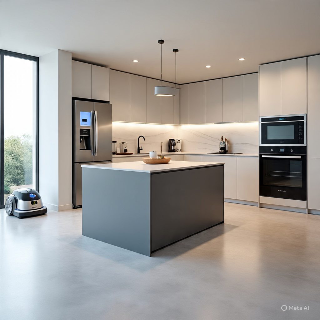 In Future Food Trends Modern smart kitchen interior with digital displays