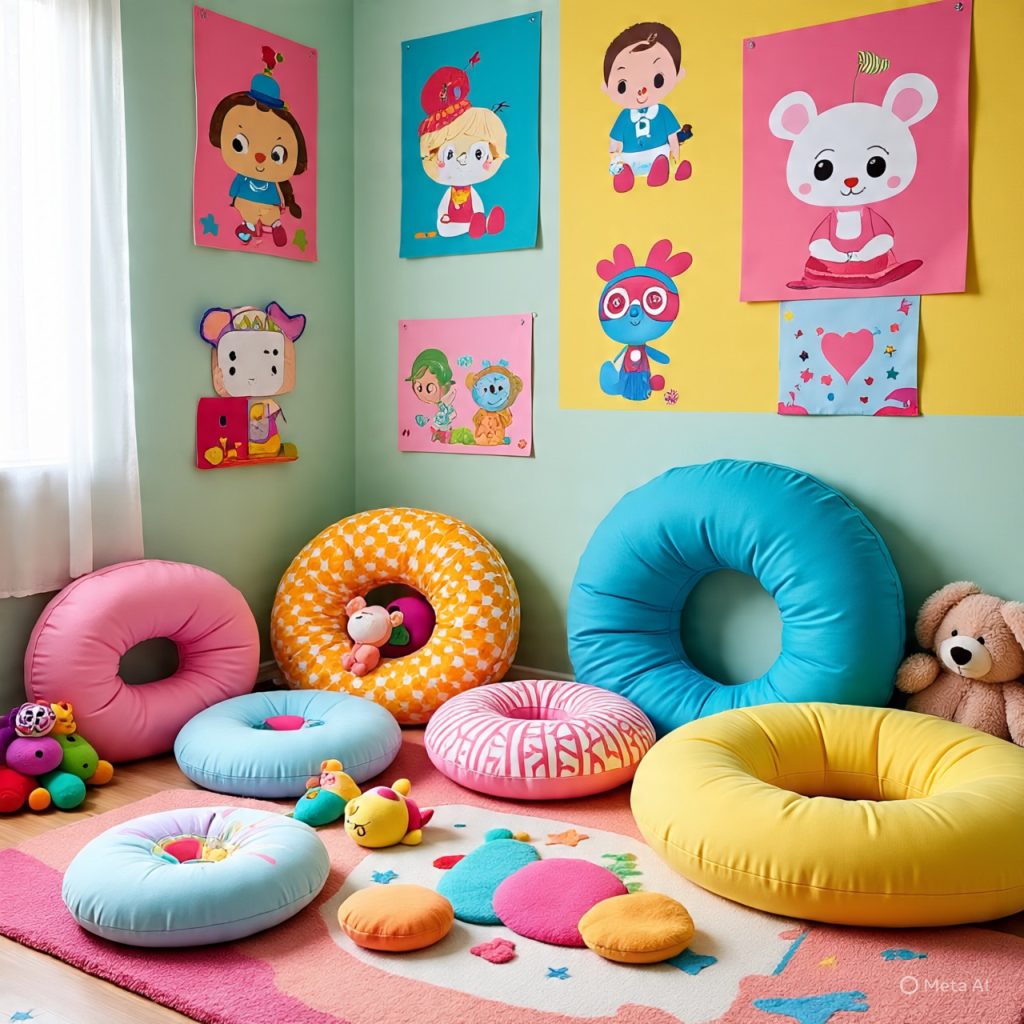 A room decorated with colorful cushions and posters designed for a playful look.