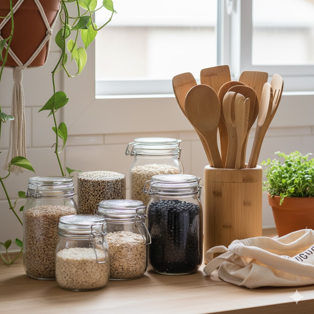 Sustainable minimalist kitchen with zero-waste containers.