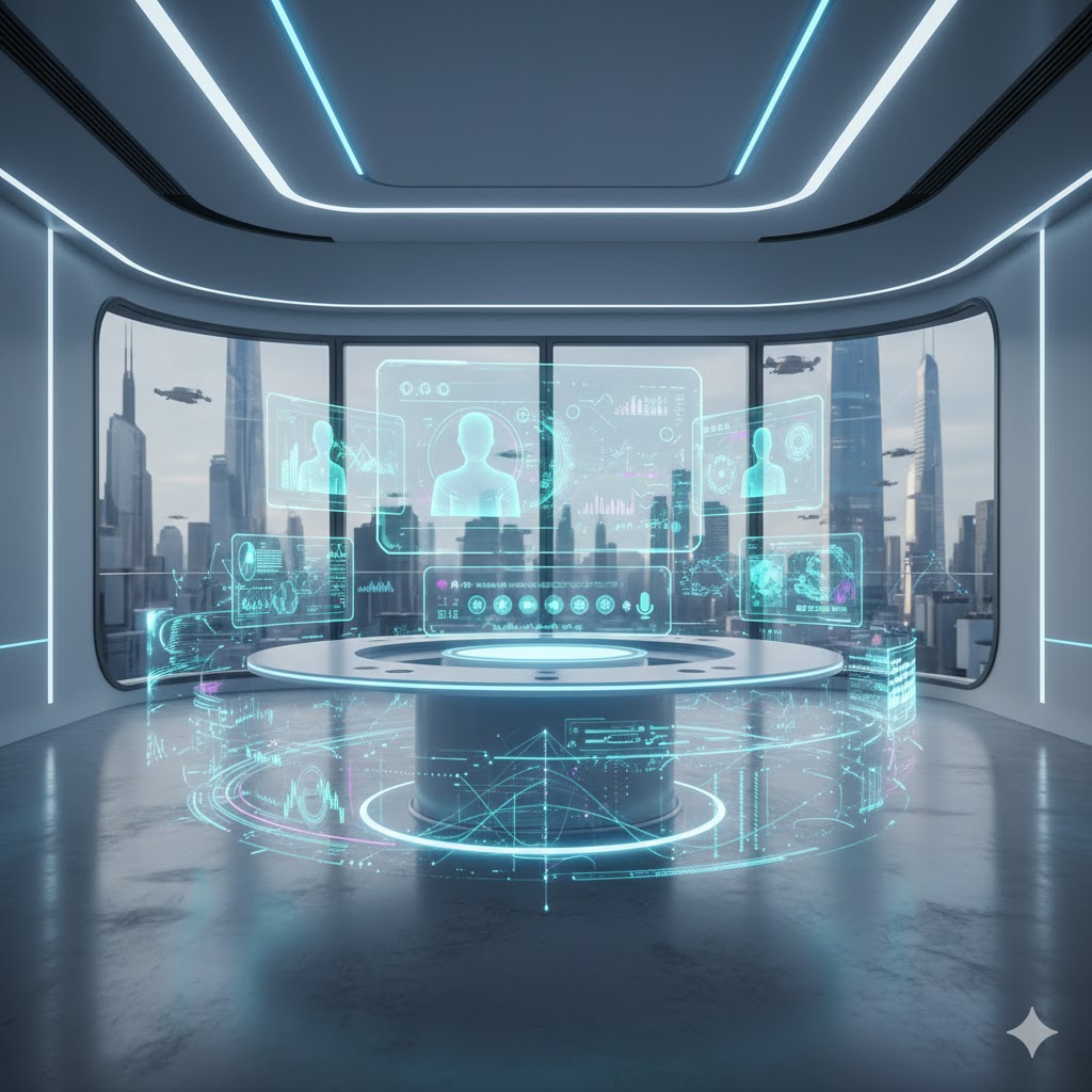 AI-enhanced virtual workspace with digital collaboration tools.