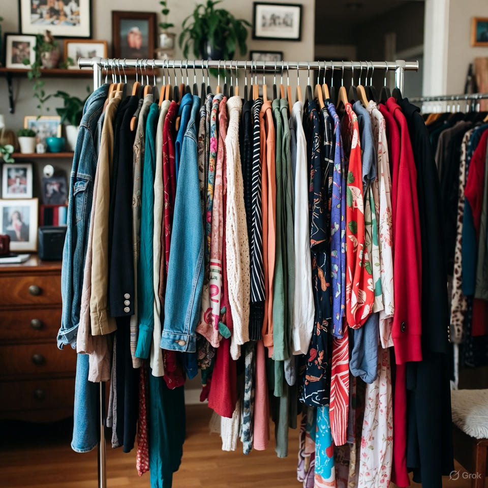 Secondhand and vintage clothing display.
