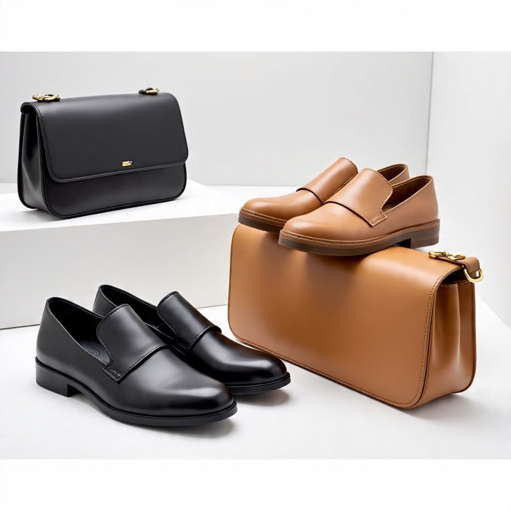 Classic shoes and handbags matched in coordinated pairs