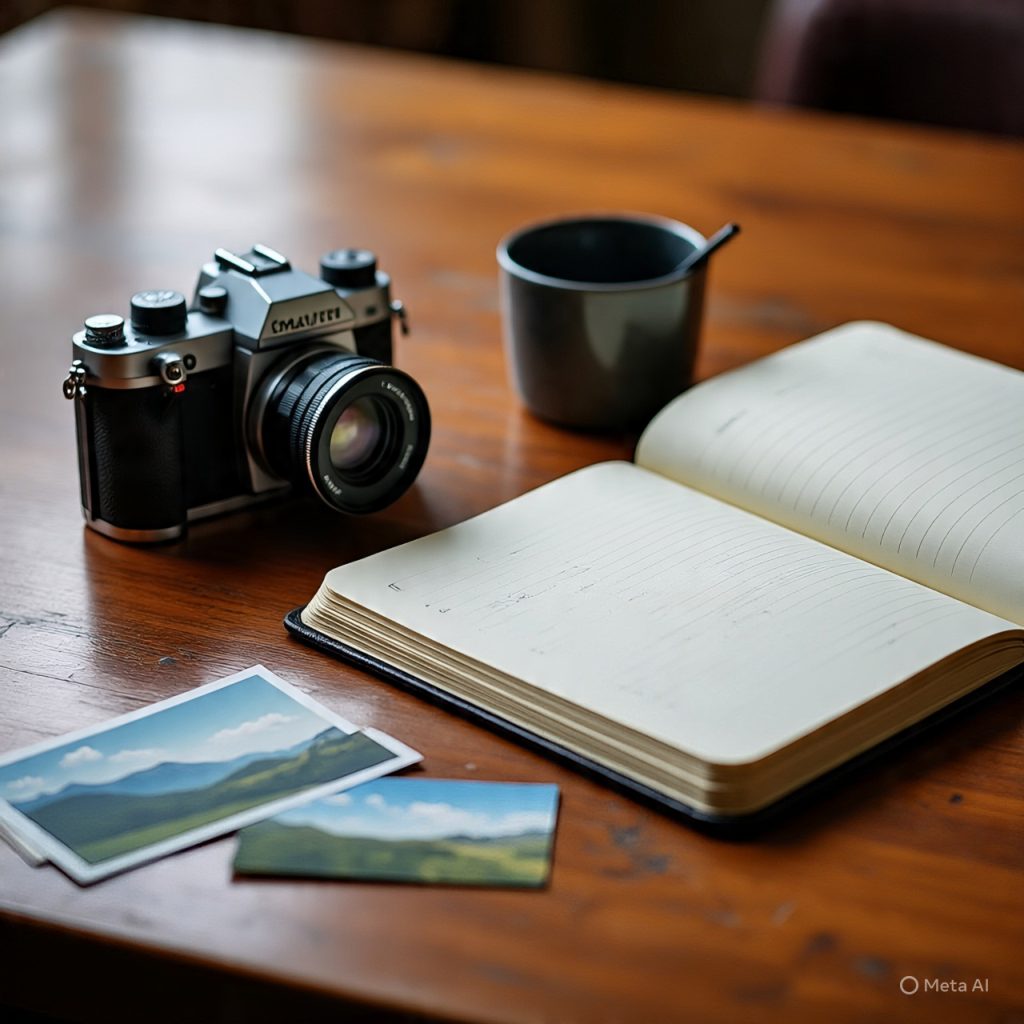 Travel photography items on a desk