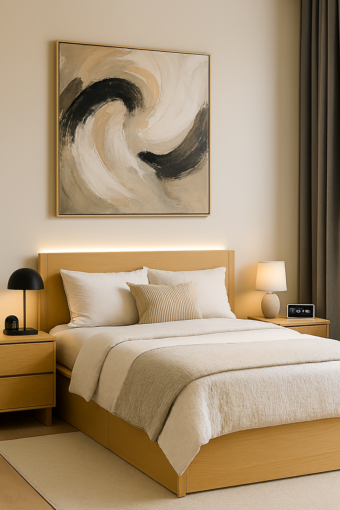 “Abstract wall art displayed in a minimalist modern bedroom.”