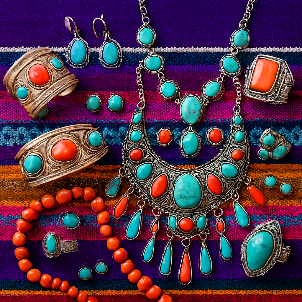 Mexican silver and turquoise jewelry celebrating colorful artistry.