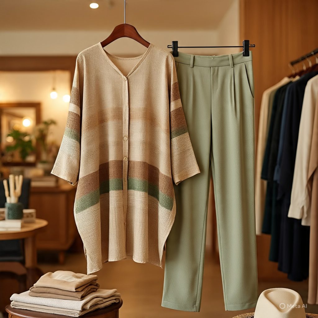 Tunic paired with trousers for smart fusion wear.