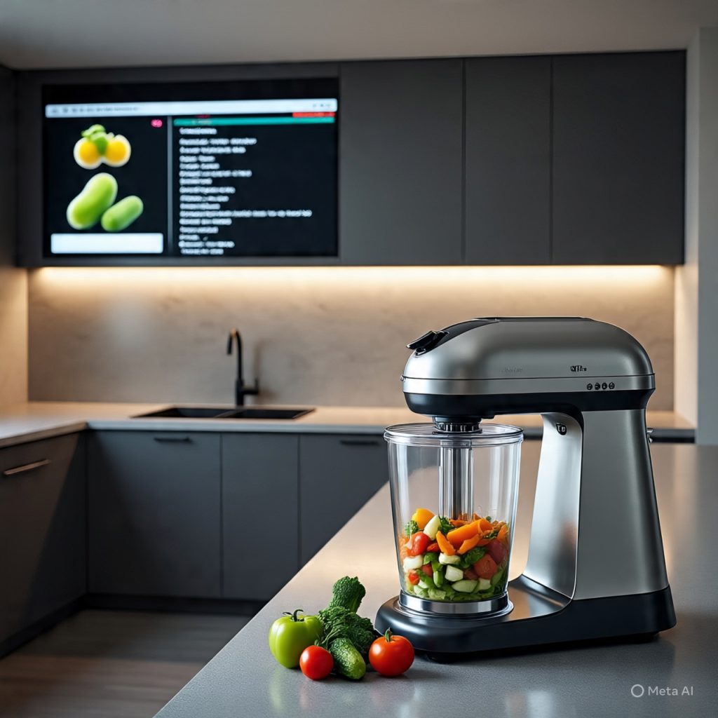 Smart kitchen setup showing tech-assisted cooking.