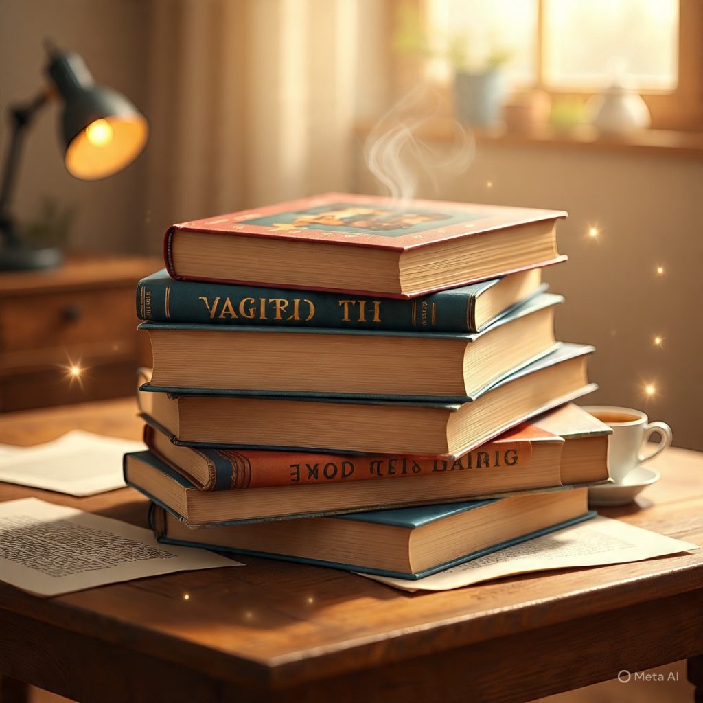 “Stack of books promoting reading habits.”