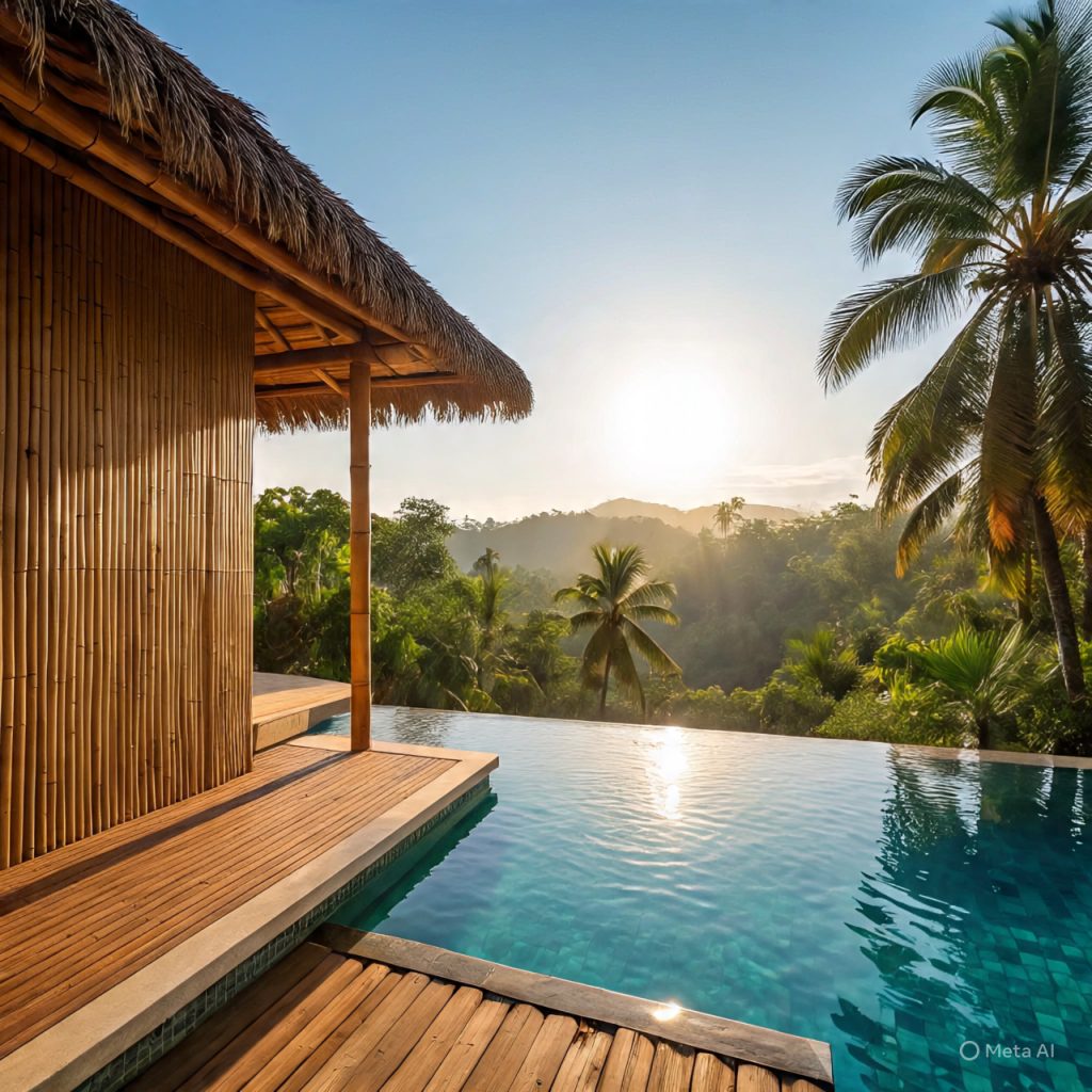 Sustainable bamboo villa with forest view in Bali.