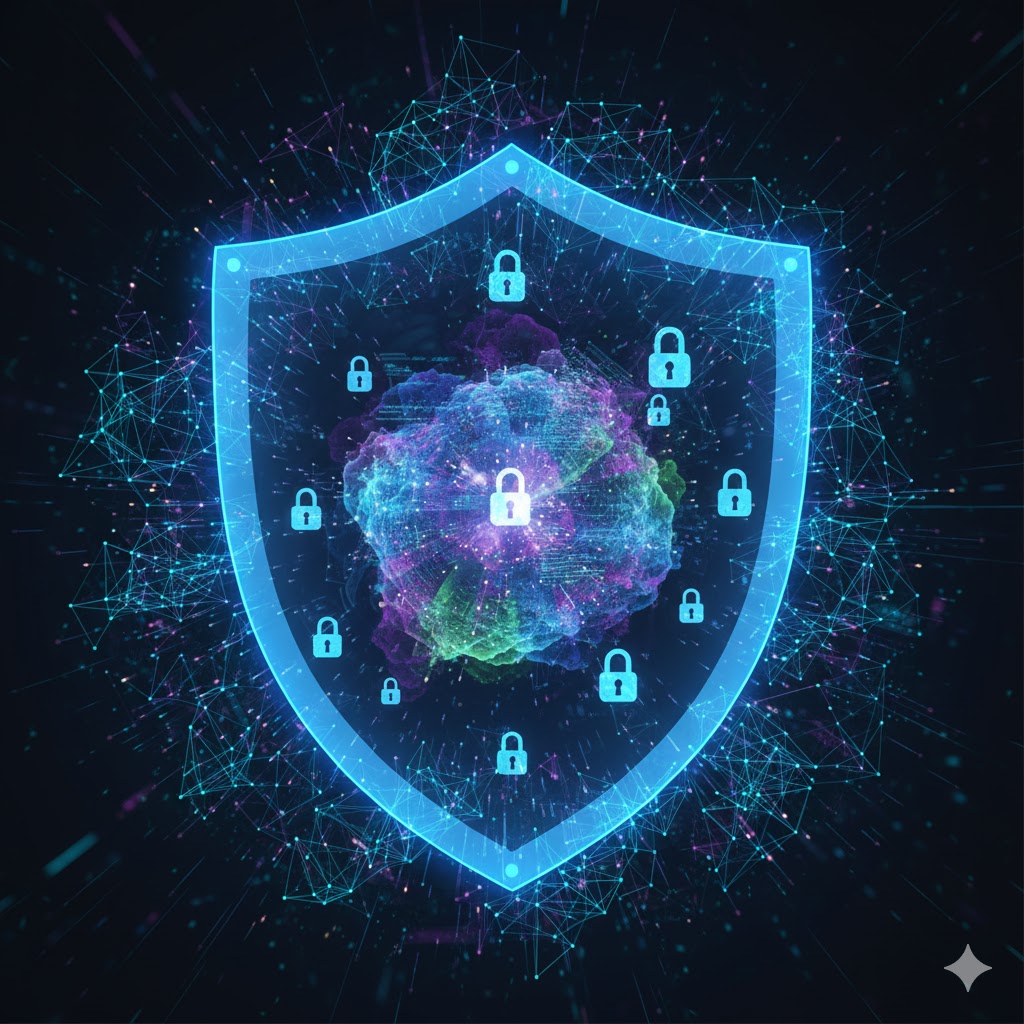 AI cybersecurity concept with digital data protection.