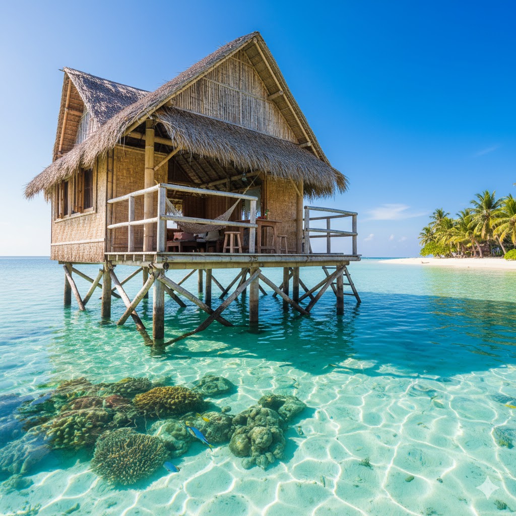 Affordable beach hut above water.