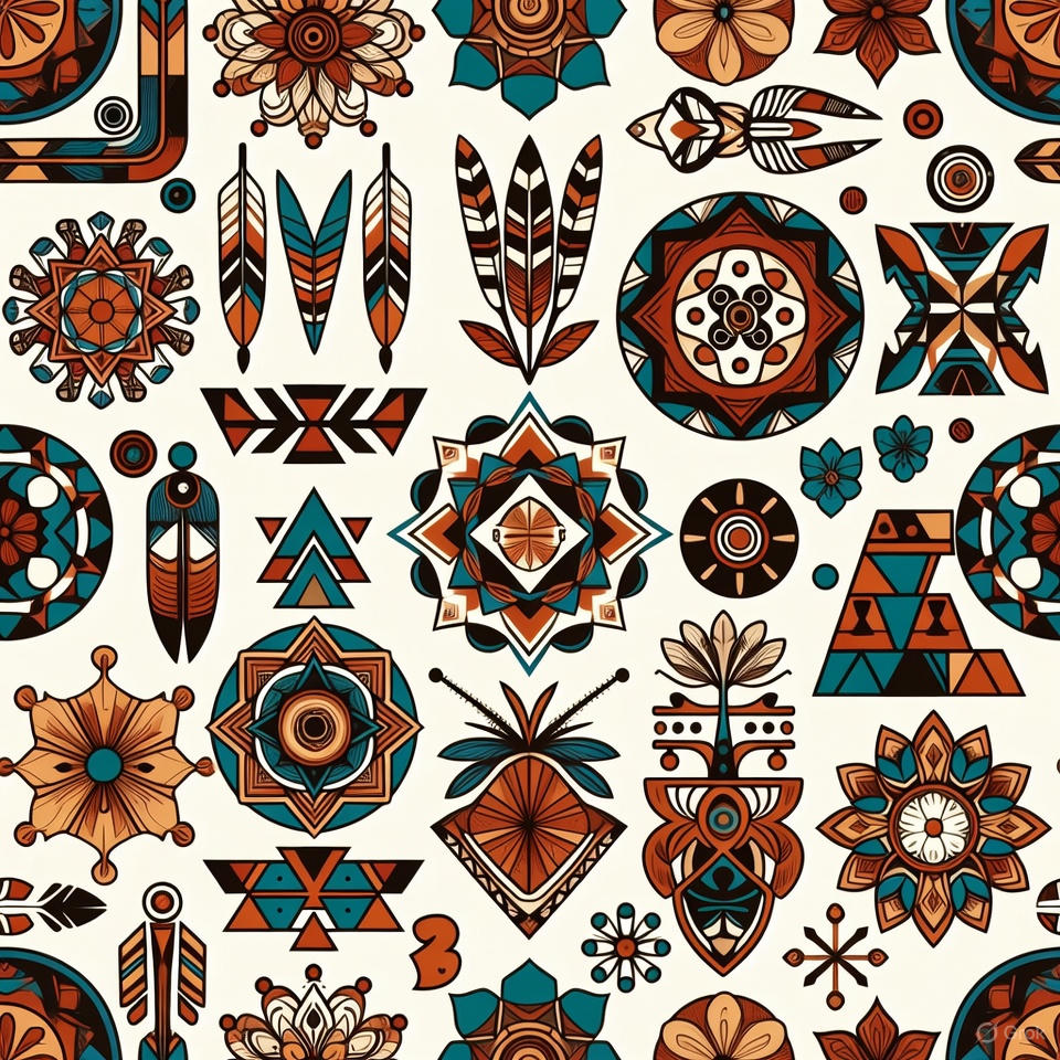 Cultural patterns and symbols illustrating identity stories,
